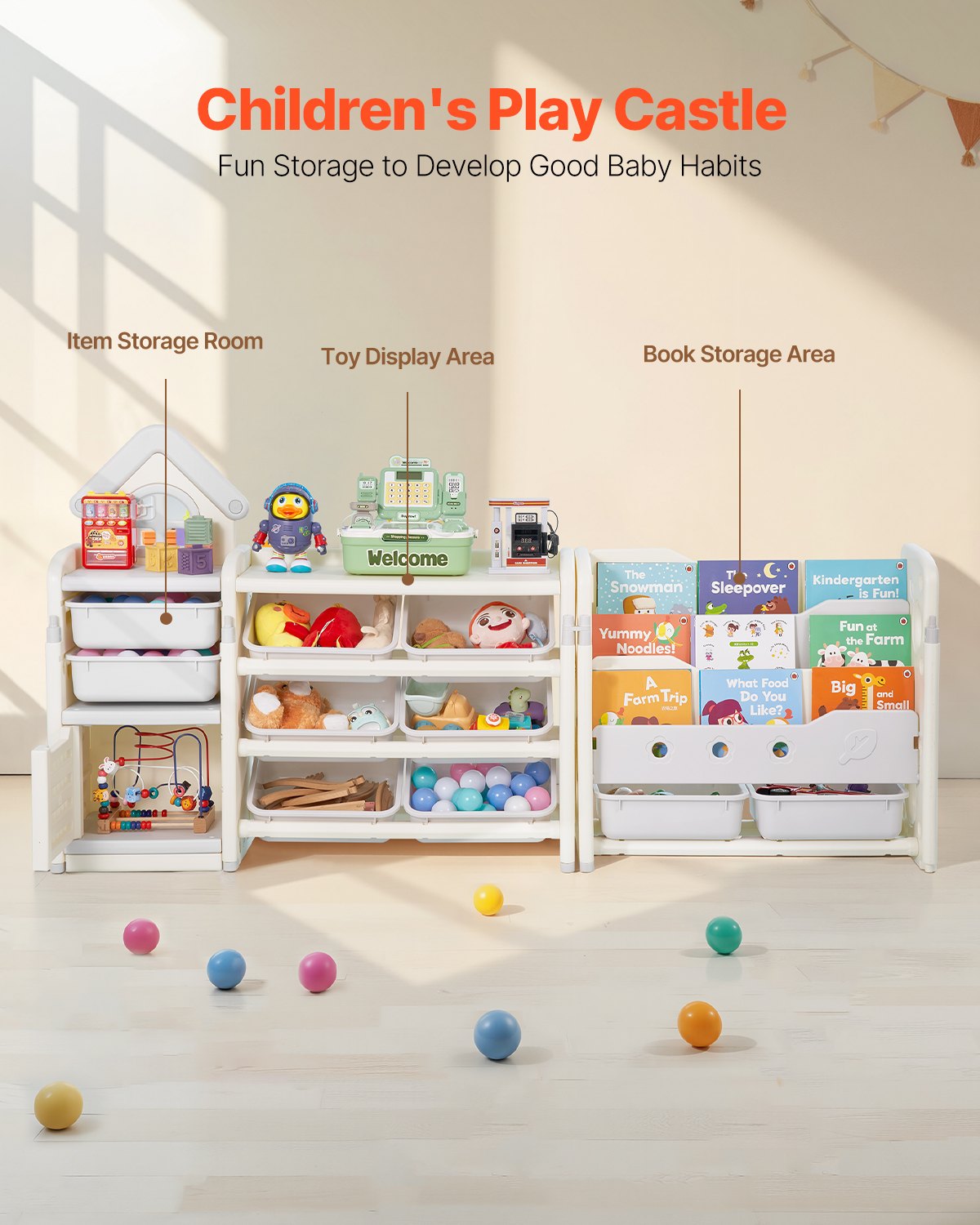 VEVOR Kids Toy Storage with Bookshelf, 4-Tier Toy Storage Organizer with 10 Movable Plastic Bins, Kids Cubby Cabinet with Bookshelf for Study Room, Bedroom, Playroom, Classroom, Nursery, Gray + Beige - DGNKFSWJSNXSH38ZQ001V0 - view 3