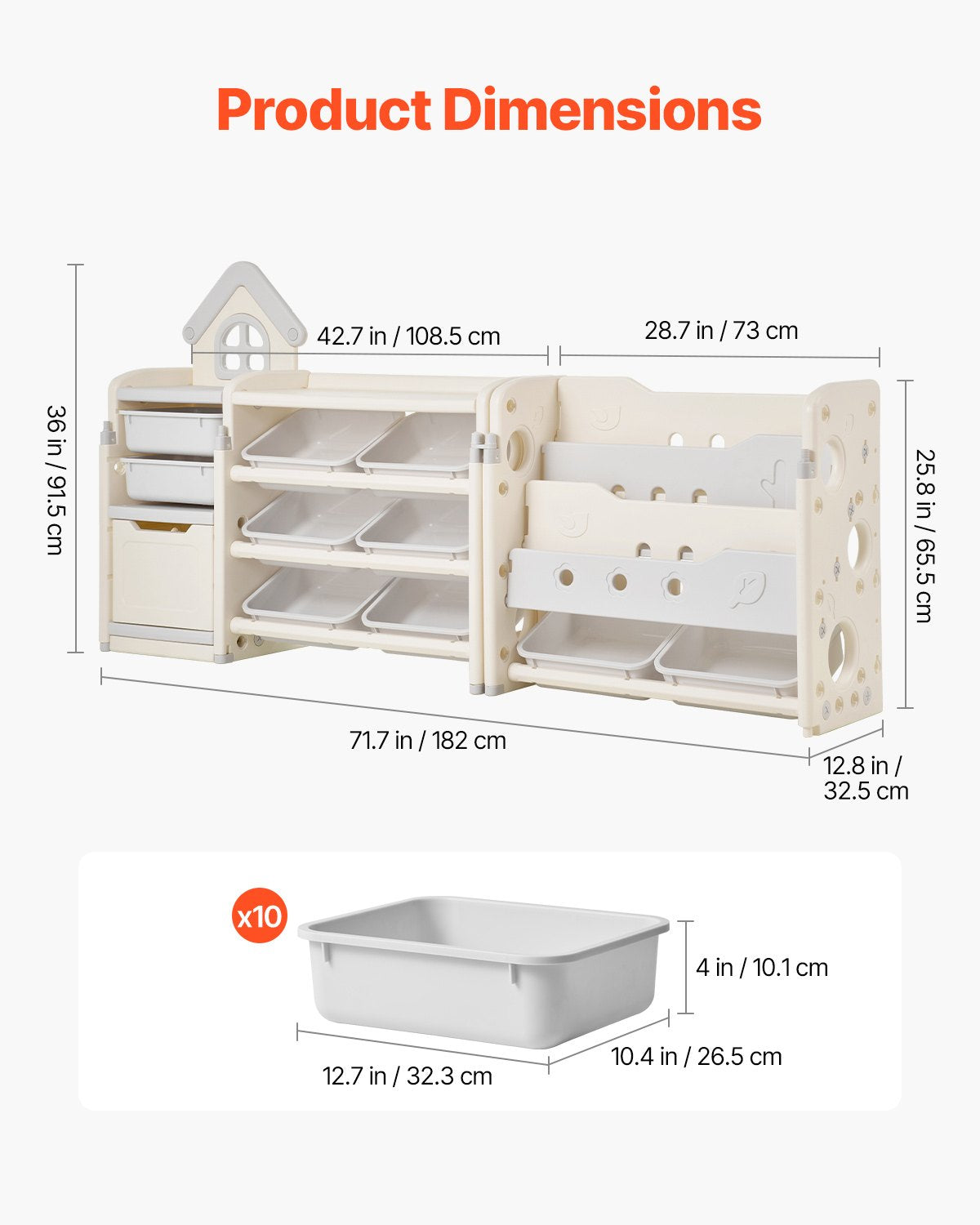 VEVOR Kids Toy Storage with Bookshelf, 4-Tier Toy Storage Organizer with 10 Movable Plastic Bins, Kids Cubby Cabinet with Bookshelf for Study Room, Bedroom, Playroom, Classroom, Nursery, Gray + Beige - DGNKFSWJSNXSH38ZQ001V0 - view 4