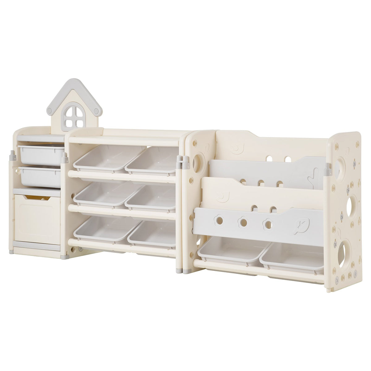 VEVOR Kids Toy Storage with Bookshelf, 4-Tier Toy Storage Organizer with 10 Movable Plastic Bins, Kids Cubby Cabinet with Bookshelf for Study Room, Bedroom, Playroom, Classroom, Nursery, Gray + Beige - DGNKFSWJSNXSH38ZQ001V0 - view 10