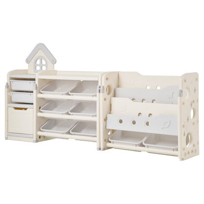 VEVOR Kids Toy Storage with Bookshelf, 4-Tier Toy Storage Organizer with 10 Movable Plastic Bins, Kids Cubby Cabinet with Bookshelf for Study Room, Bedroom, Playroom, Classroom, Nursery, Gray + Beige - DGNKFSWJSNXSH38ZQ001V0 - view 10