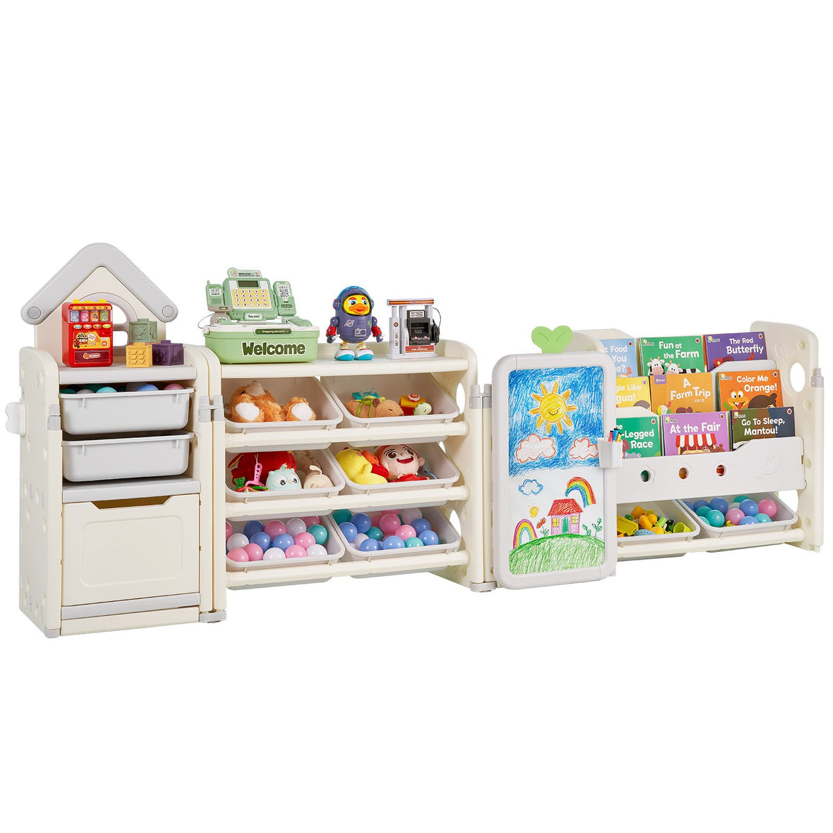 VEVOR Kids Toy Storage with Bookshelf, 4-Tier Large Toy Storage Organizer with 10 Plastic Movable Bins, Kids Cubby Cabinet with Bookshelf and Drawing Board for Study Room, Playroom, Classroom, Nursery - DGNKFSWJSNXSYO18G001V0 - view 1