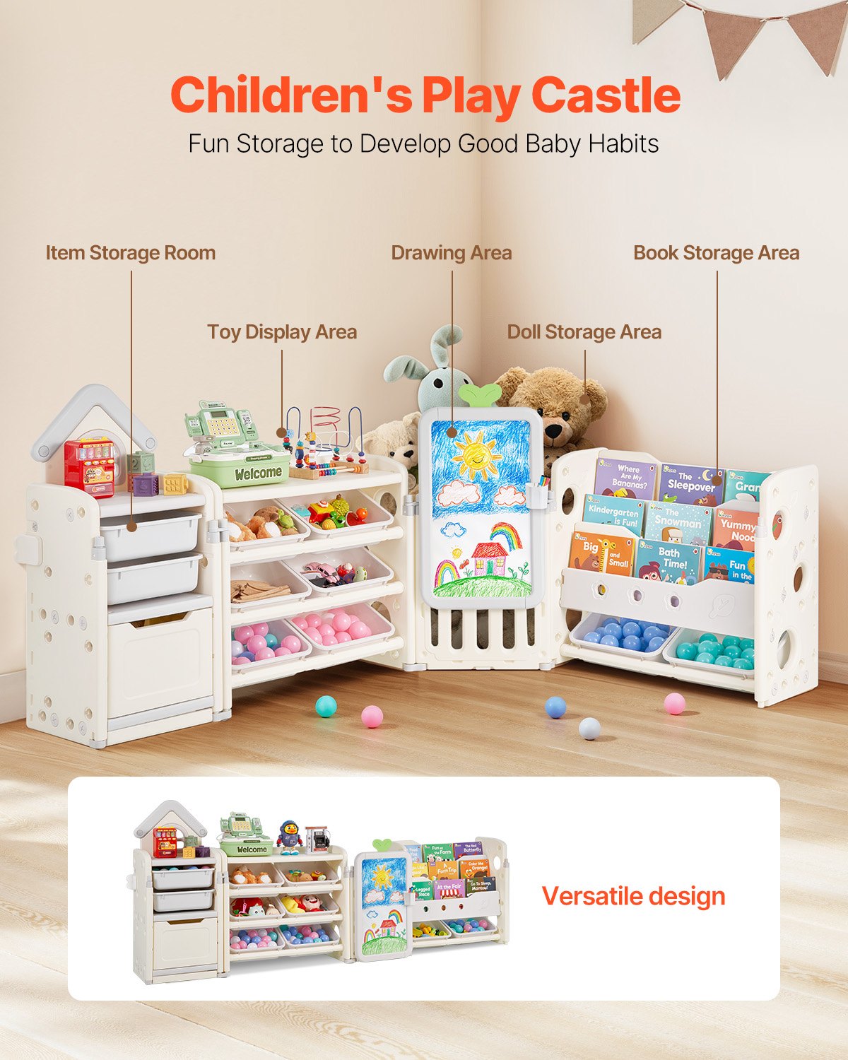 VEVOR Kids Toy Storage with Bookshelf, 4-Tier Large Toy Storage Organizer with 10 Plastic Movable Bins, Kids Cubby Cabinet with Bookshelf and Drawing Board for Study Room, Playroom, Classroom, Nursery - DGNKFSWJSNXSYO18G001V0 - view 3
