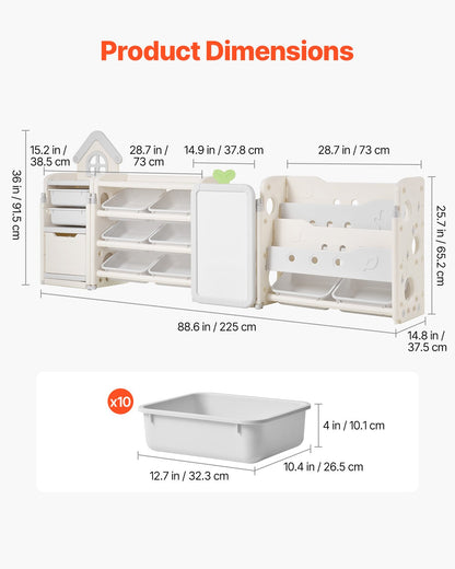 VEVOR Kids Toy Storage with Bookshelf, 4-Tier Large Toy Storage Organizer with 10 Plastic Movable Bins, Kids Cubby Cabinet with Bookshelf and Drawing Board for Study Room, Playroom, Classroom, Nursery - DGNKFSWJSNXSYO18G001V0 - view 4