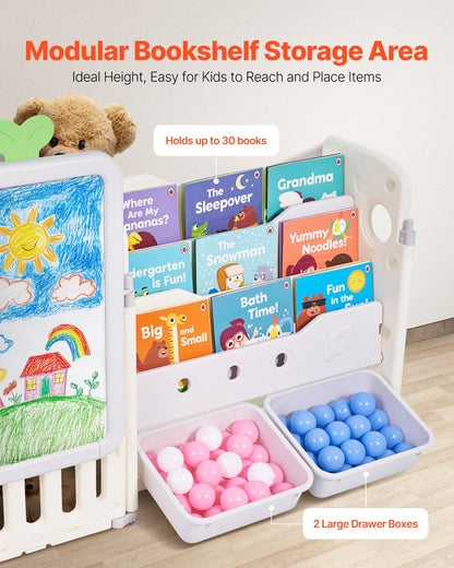 VEVOR Kids Toy Storage with Bookshelf, 4-Tier Large Toy Storage Organizer with 10 Plastic Movable Bins, Kids Cubby Cabinet with Bookshelf and Drawing Board for Study Room, Playroom, Classroom, Nursery - DGNKFSWJSNXSYO18G001V0 - view 5