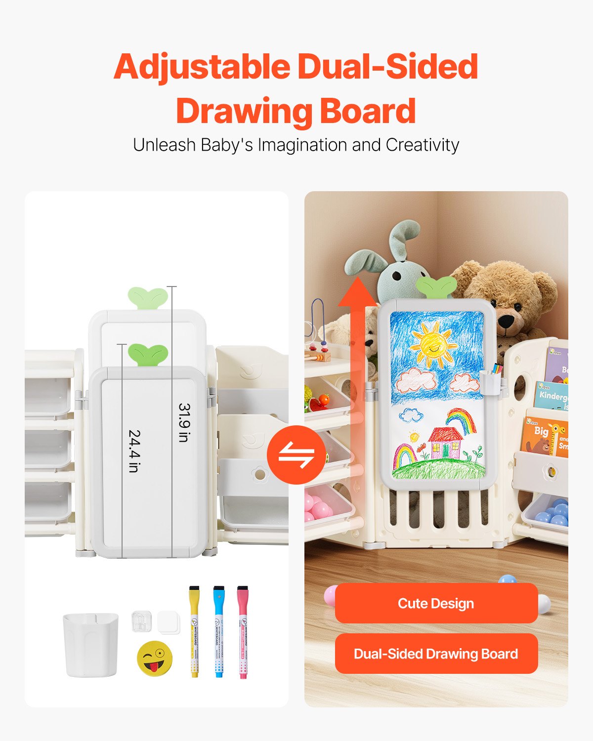VEVOR Kids Toy Storage with Bookshelf, 4-Tier Large Toy Storage Organizer with 10 Plastic Movable Bins, Kids Cubby Cabinet with Bookshelf and Drawing Board for Study Room, Playroom, Classroom, Nursery - DGNKFSWJSNXSYO18G001V0 - view 6
