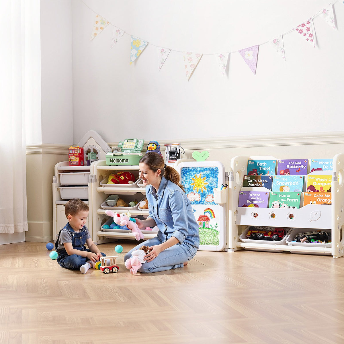 VEVOR Kids Toy Storage with Bookshelf, 4-Tier Large Toy Storage Organizer with 10 Plastic Movable Bins, Kids Cubby Cabinet with Bookshelf and Drawing Board for Study Room, Playroom, Classroom, Nursery - DGNKFSWJSNXSYO18G001V0 - view 9