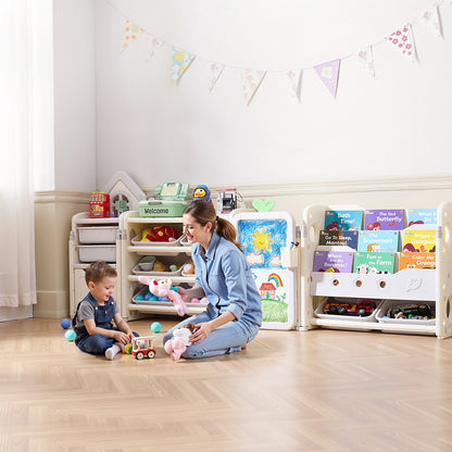 VEVOR Kids Toy Storage with Bookshelf, 4-Tier Large Toy Storage Organizer with 10 Plastic Movable Bins, Kids Cubby Cabinet with Bookshelf and Drawing Board for Study Room, Playroom, Classroom, Nursery - DGNKFSWJSNXSYO18G001V0 - view 9