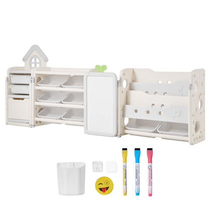 VEVOR Kids Toy Storage with Bookshelf, 4-Tier Large Toy Storage Organizer with 10 Plastic Movable Bins, Kids Cubby Cabinet with Bookshelf and Drawing Board for Study Room, Playroom, Classroom, Nursery - DGNKFSWJSNXSYO18G001V0 - view 10