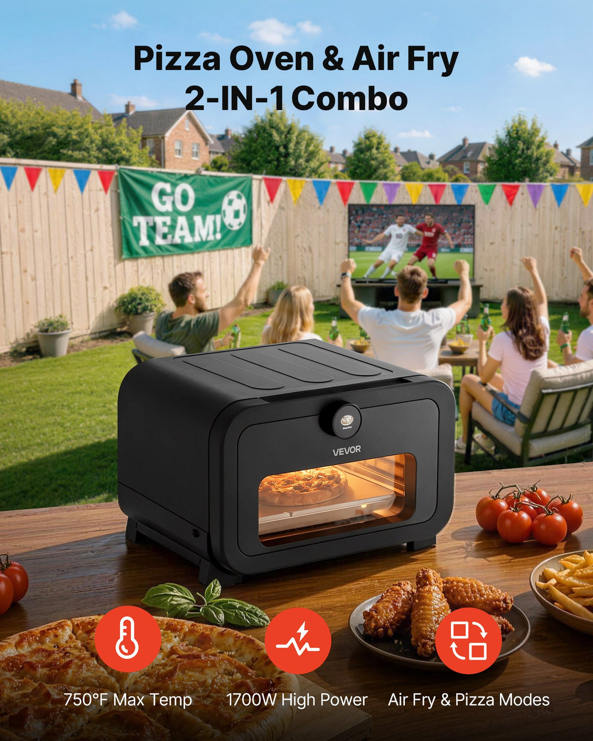 VEVOR Pizza Oven, 8 Presets Electric Pizza Ovens Air Fry Combo, 12-Inch Indoor Pizza Maker Smart Knob Control , 750°F Max Temp, IPX4 Waterproof Countertop Pizza Cooker w/Pizza Stone,Fry Basket - DGNKHSDXNCP1RUM2X001V1 - view 3