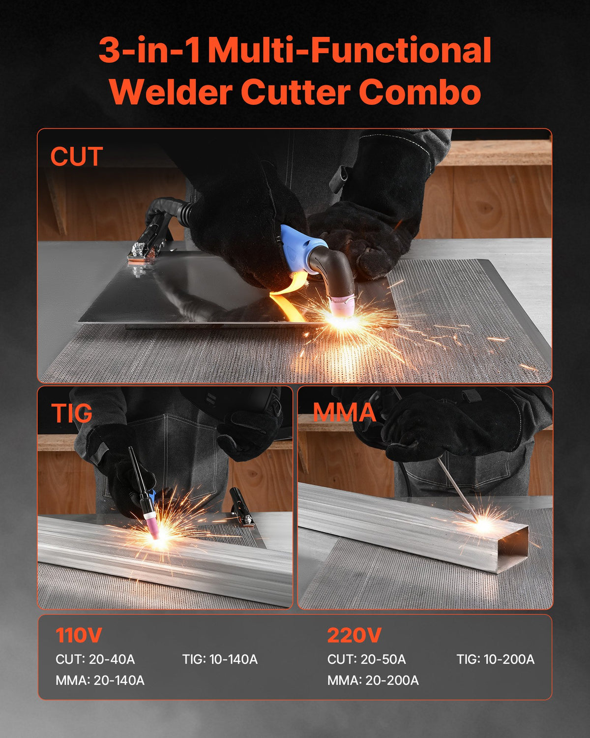 VEVOR 3-in-1 Plasma Cutter Welder Combo - CUT/TIG/MMA, 50A Non-Contact Cutting Machine & 200A TIG Stick Welder, Digital 110/220V Dual Voltage with 2T/4T/PA/PT Function for Home Repairs Workshops - DGNQHJ200A50VN2L5001V5 - view 3