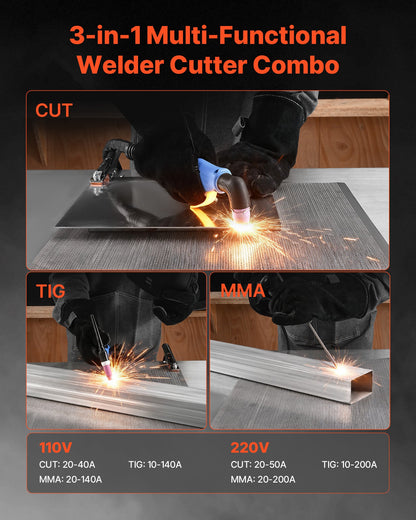 VEVOR 3-in-1 Plasma Cutter Welder Combo - CUT/TIG/MMA, 50A Non-Contact Cutting Machine & 200A TIG Stick Welder, Digital 110/220V Dual Voltage with 2T/4T/PA/PT Function for Home Repairs Workshops - DGNQHJ200A50VN2L5001V5 - view 3