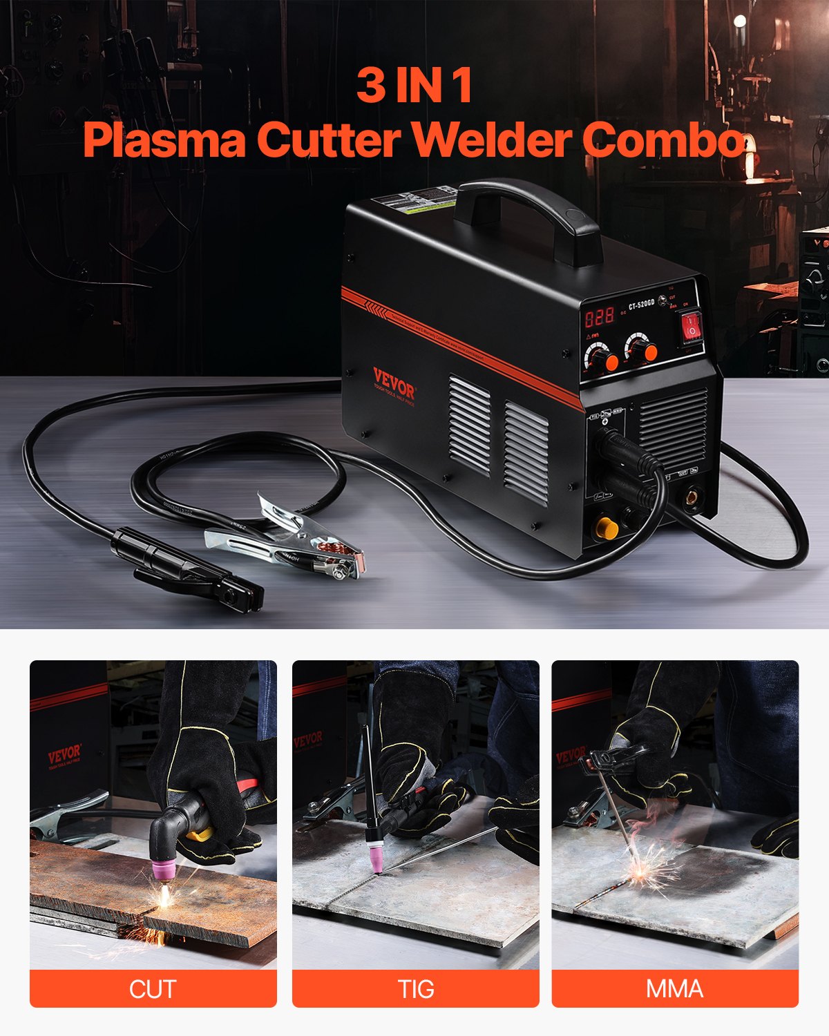 VEVOR 3 in 1 Plasma Cutter Welder Machine, CT-520GD TIG/MMA Plasma Cutter Combo Machine, 50A Non-Touch Pilot Arc Plasma Cutter, 200A TIG and Stick Welder, Digital 110/220V Dual Voltage IGBT Inverter - DGNQHJFJCCT5JWAQZV1 - view 3