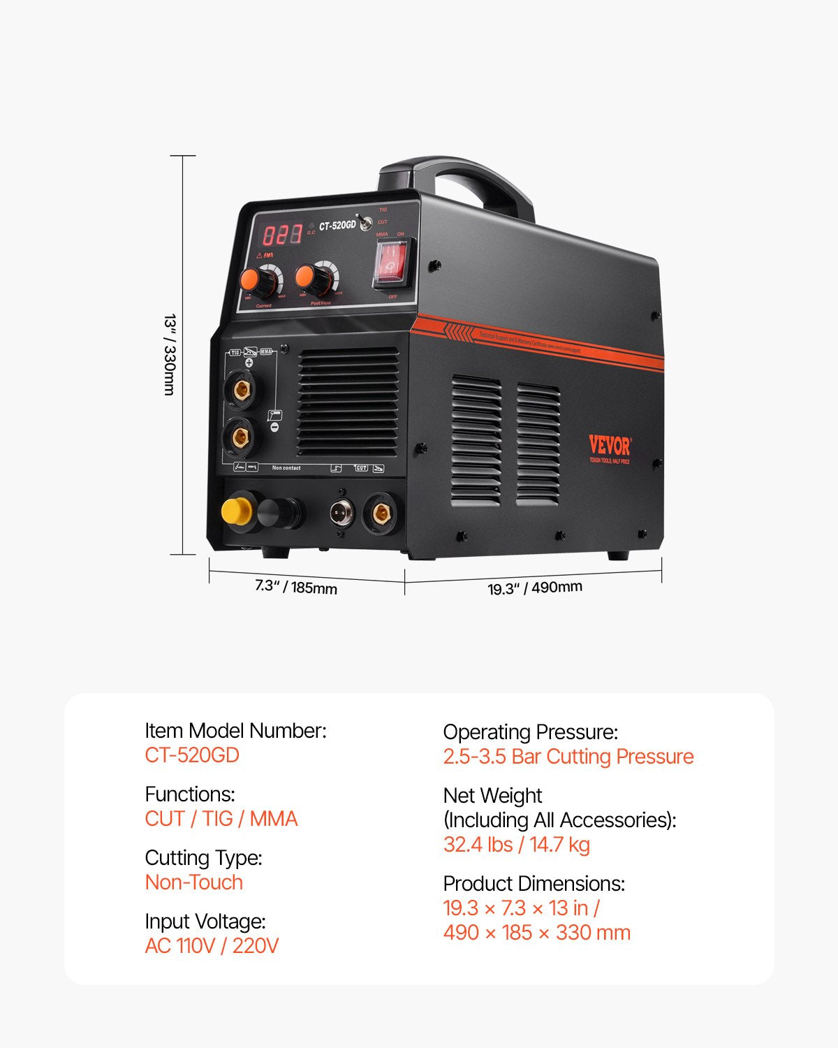 VEVOR 3 in 1 Plasma Cutter Welder Machine, CT-520GD TIG/MMA Plasma Cutter Combo Machine, 50A Non-Touch Pilot Arc Plasma Cutter, 200A TIG and Stick Welder, Digital 110/220V Dual Voltage IGBT Inverter - DGNQHJFJCCT5JWAQZV1 - view 8