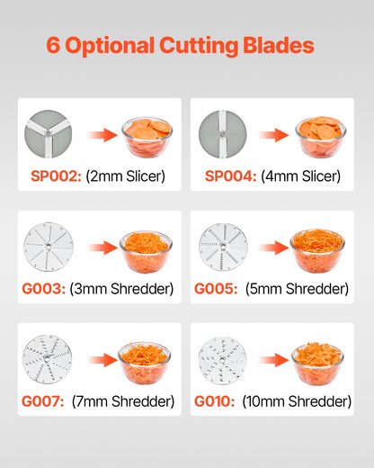 VEVOR Food Processor & Vegetable Chopper, 2 Feeding Holes Food-Grade Stainless Steel Food Processor Chopper with Detachable 6 Blades, 3mm/5mm/7mm/10mm Shredder