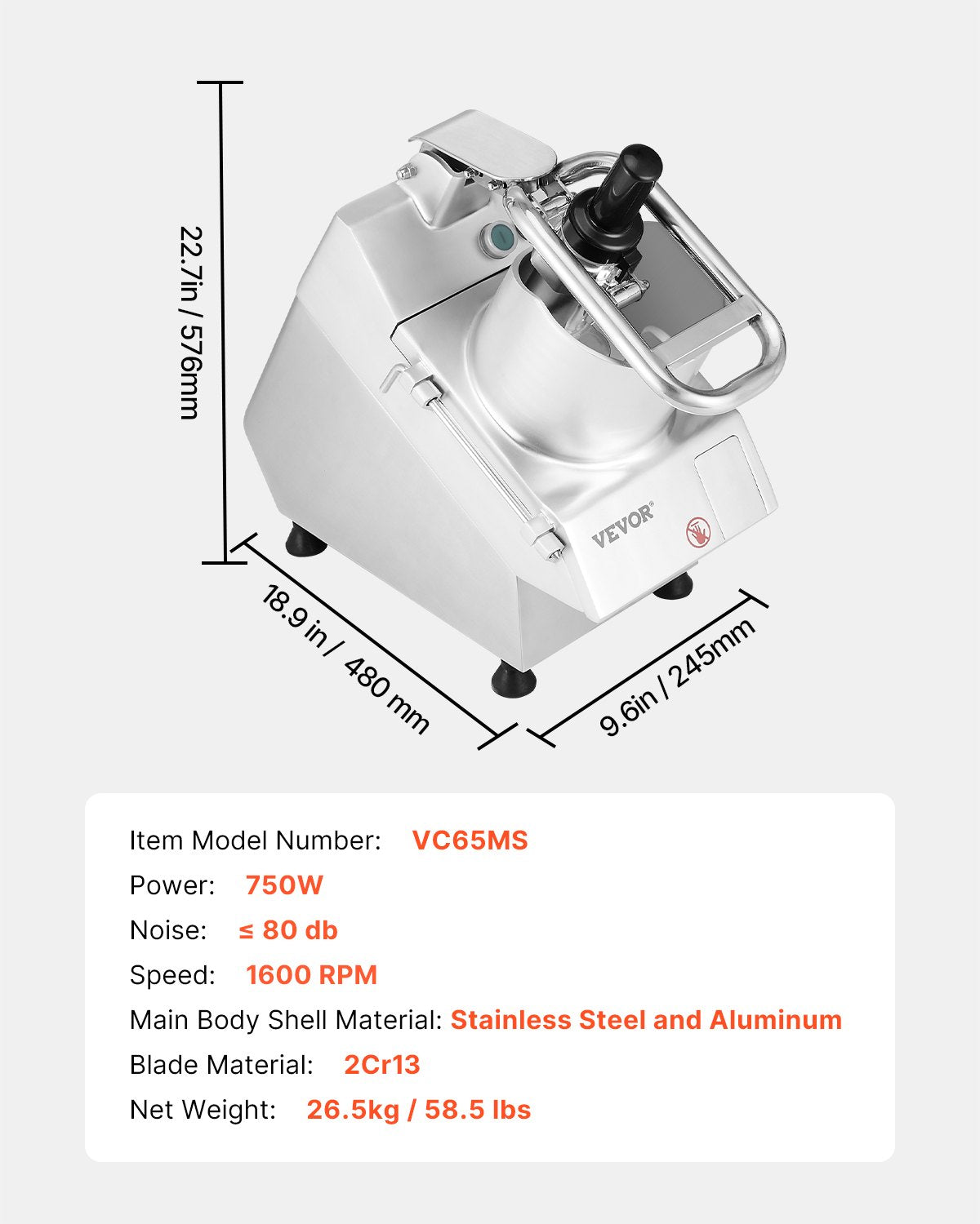 VEVOR Food Processor & Vegetable Chopper, 2 Feeding Holes Food-Grade Stainless Steel Food Processor Chopper with Detachable 6 Blades, 3mm/5mm/7mm/10mm Shredder