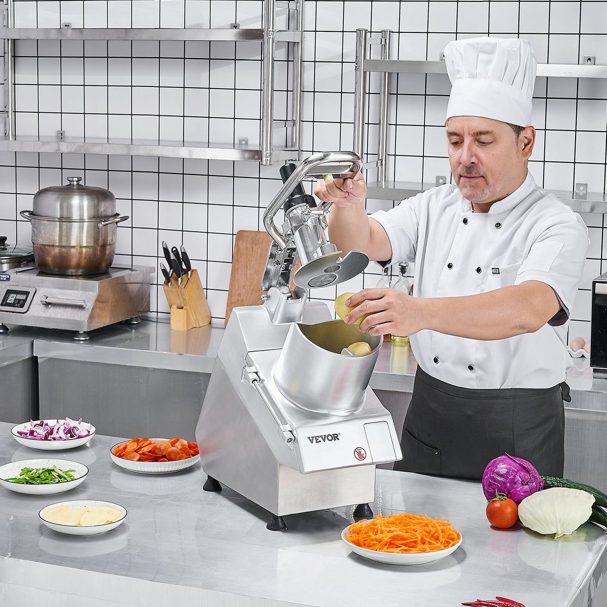 VEVOR Food Processor & Vegetable Chopper, 2 Feeding Holes Food-Grade Stainless Steel Food Processor Chopper with Detachable 6 Blades, 3mm/5mm/7mm/10mm Shredder