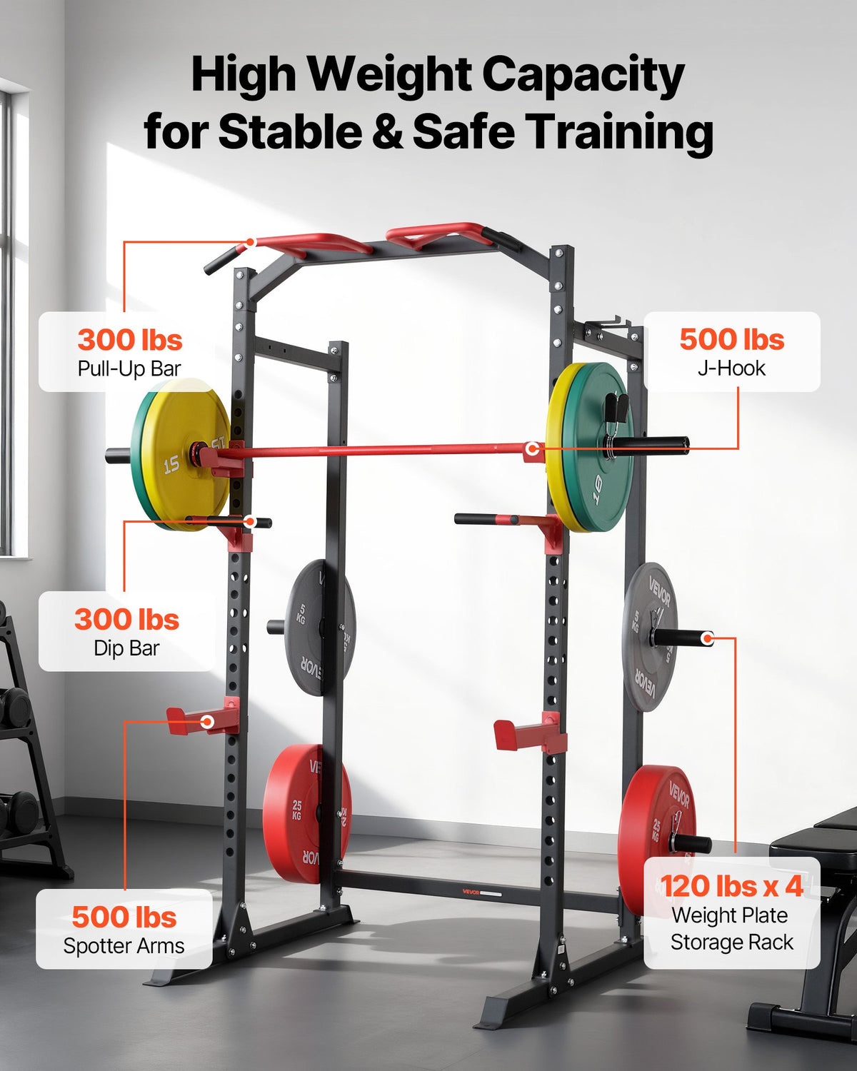 VEVOR Power Cage Power Rack, Multifunctional Barbell Squat Rack with Adjustable Height, Home Gym Strength Training Workout Equipment with J-Hooks & More Fitness Attachment for Bench Press Pull-Up Dips - DGNSDJDTJ000DMT40001V0 - view 4