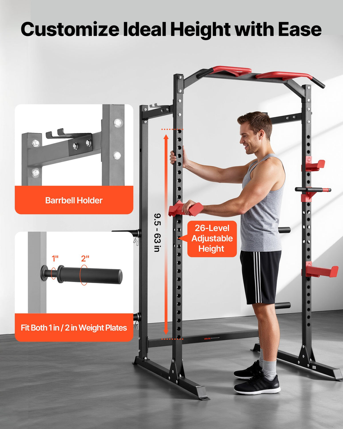 VEVOR Power Cage Power Rack, Multifunctional Barbell Squat Rack with Adjustable Height, Home Gym Strength Training Workout Equipment with J-Hooks & More Fitness Attachment for Bench Press Pull-Up Dips - DGNSDJDTJ000DMT40001V0 - view 5