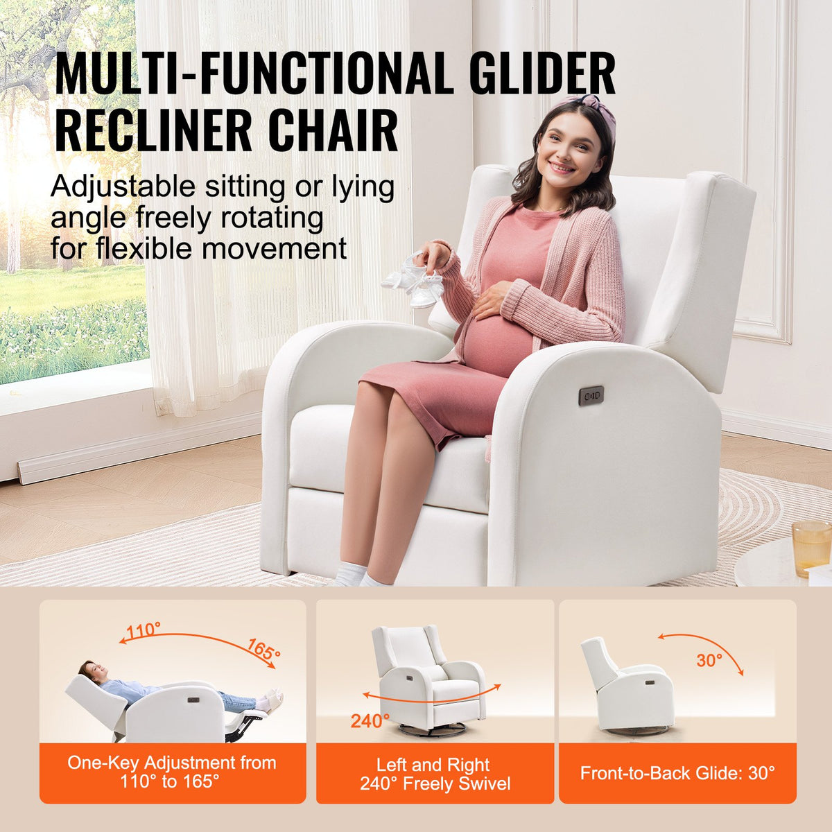 VEVOR Electronic Power Recliner and Swivel Glider, 250 lbs Weight Capacity Swivel Glider Recliner Chair with USB Port, Polyester Surface Swivel Rocker Recliner  for Living Room, Bedroom,  Off White - DGNSFKMBDXKBMB0XAV1 - view 4