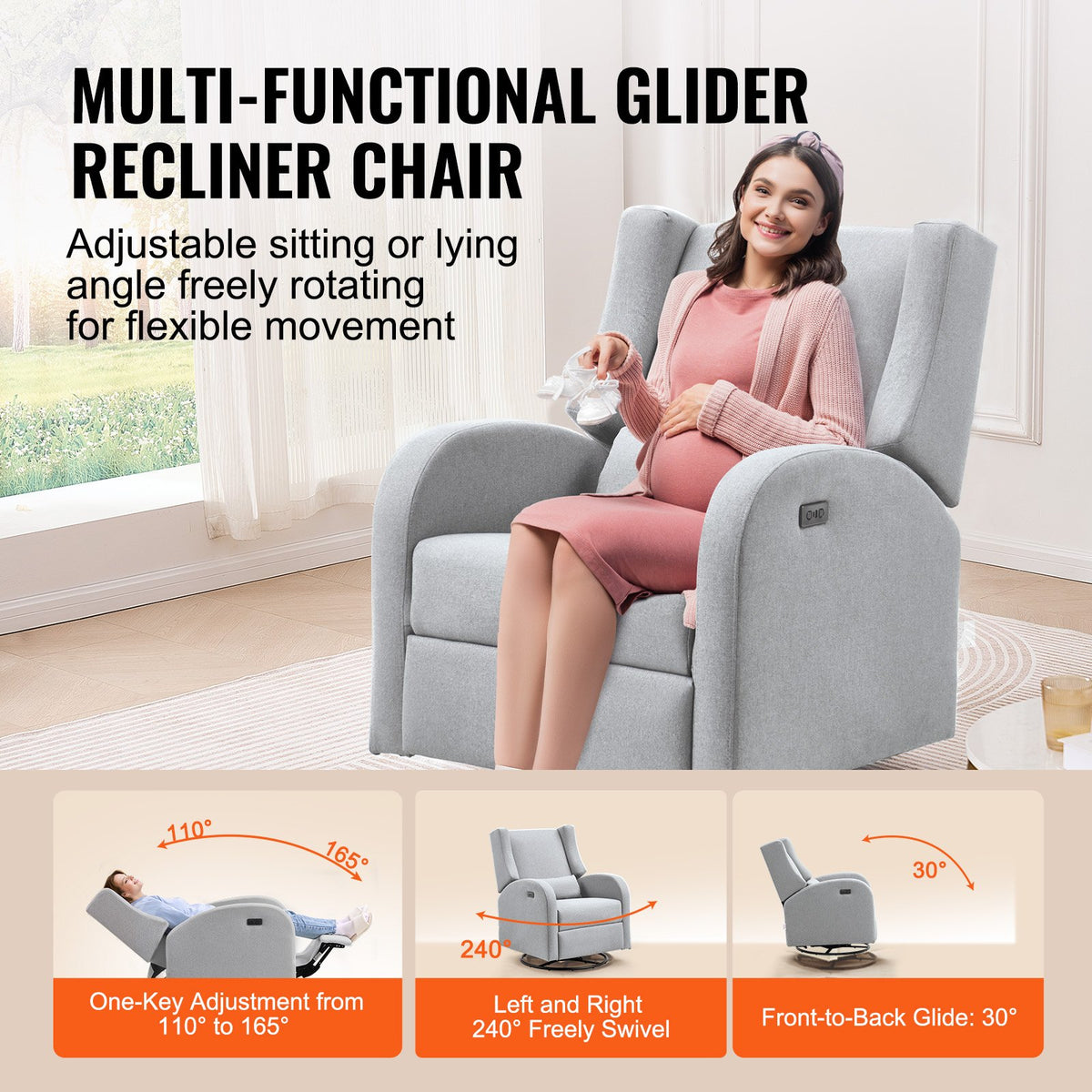 VEVOR Electronic Power Recliner and Swivel Glider, 250 lbs Weight Capacity Swivel Glider Recliner Chair with USB Port, Polyester Surface Swivel Rocker Recliner  for Living Room, Bedroom, Light Gray - DGNSFKQHDXKBO9GP5V1 - view 4