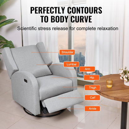 VEVOR Electronic Power Recliner and Swivel Glider, 250 lbs Weight Capacity Swivel Glider Recliner Chair with USB Port, Polyester Surface Swivel Rocker Recliner  for Living Room, Bedroom, Light Gray - DGNSFKQHDXKBO9GP5V1 - view 5