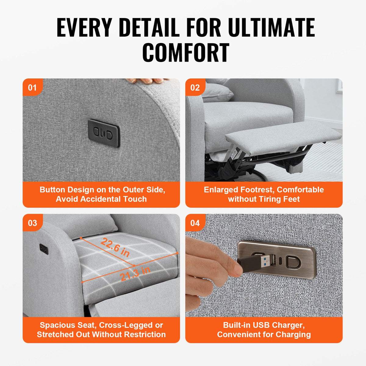 VEVOR Electronic Power Recliner and Swivel Glider, 250 lbs Weight Capacity Swivel Glider Recliner Chair with USB Port, Polyester Surface Swivel Rocker Recliner  for Living Room, Bedroom, Light Gray - DGNSFKQHDXKBO9GP5V1 - view 7