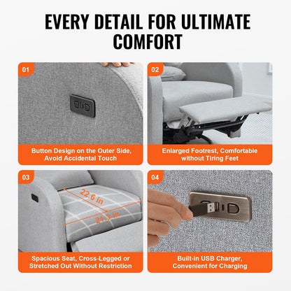 VEVOR Electronic Power Recliner and Swivel Glider, 250 lbs Weight Capacity Swivel Glider Recliner Chair with USB Port, Polyester Surface Swivel Rocker Recliner  for Living Room, Bedroom, Light Gray - DGNSFKQHDXKBO9GP5V1 - view 7