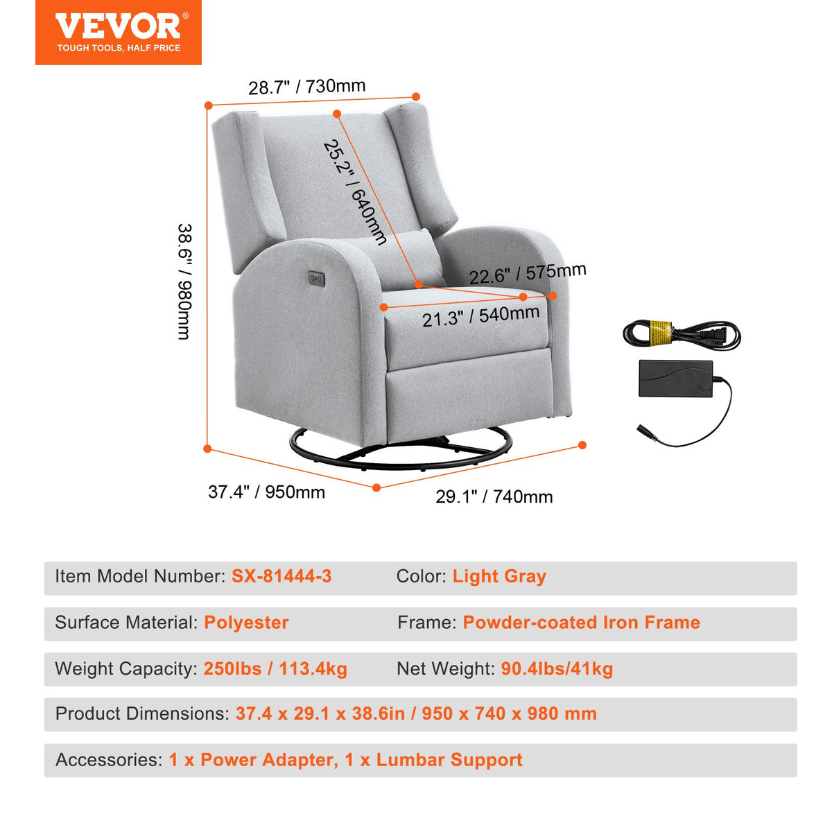 VEVOR Electronic Power Recliner and Swivel Glider, 250 lbs Weight Capacity Swivel Glider Recliner Chair with USB Port, Polyester Surface Swivel Rocker Recliner  for Living Room, Bedroom, Light Gray - DGNSFKQHDXKBO9GP5V1 - view 8