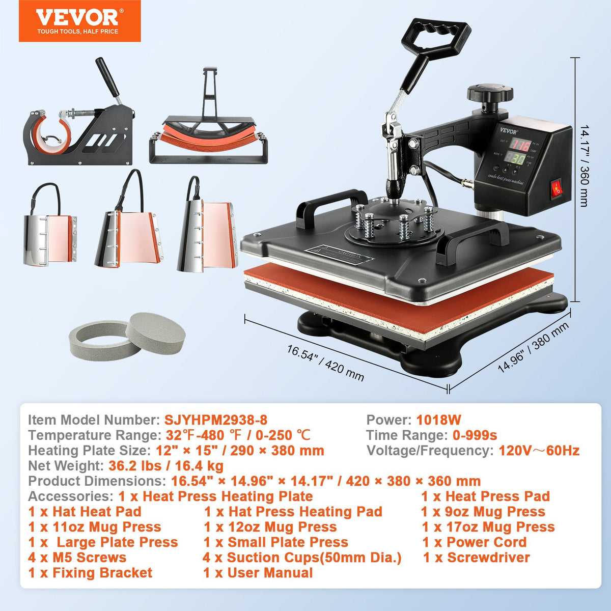 VEVOR Heat Press Machine, 8 in 1 Combo Digital Multifunctional Sublimation Heat Transfer Machine 12x15 inch,  360 Degree Rotation Swing Away for Printing T Shirts Mug Cap Hat Plate - DGNTHJBH2938-WEAHV1 - view 8