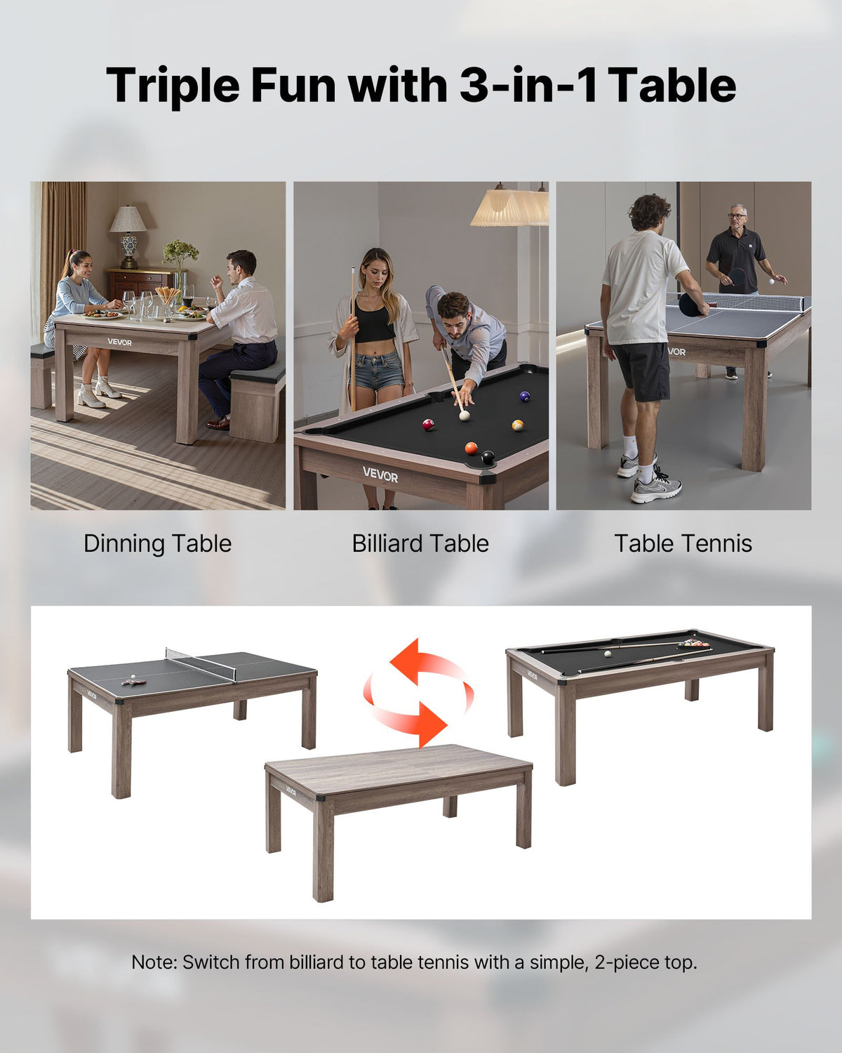 VEVOR 7ft Pool Table Combo Set, 3-in-1 Multi Game Billiards Tables with Dining Top and Ping Pong, 2 Benches for Storage and Accessories, Includes Ball Cue Rack Chalk Brush, for Family Recreation Room - DGNTQZQHHSMDH7KV1001V0 - view 3