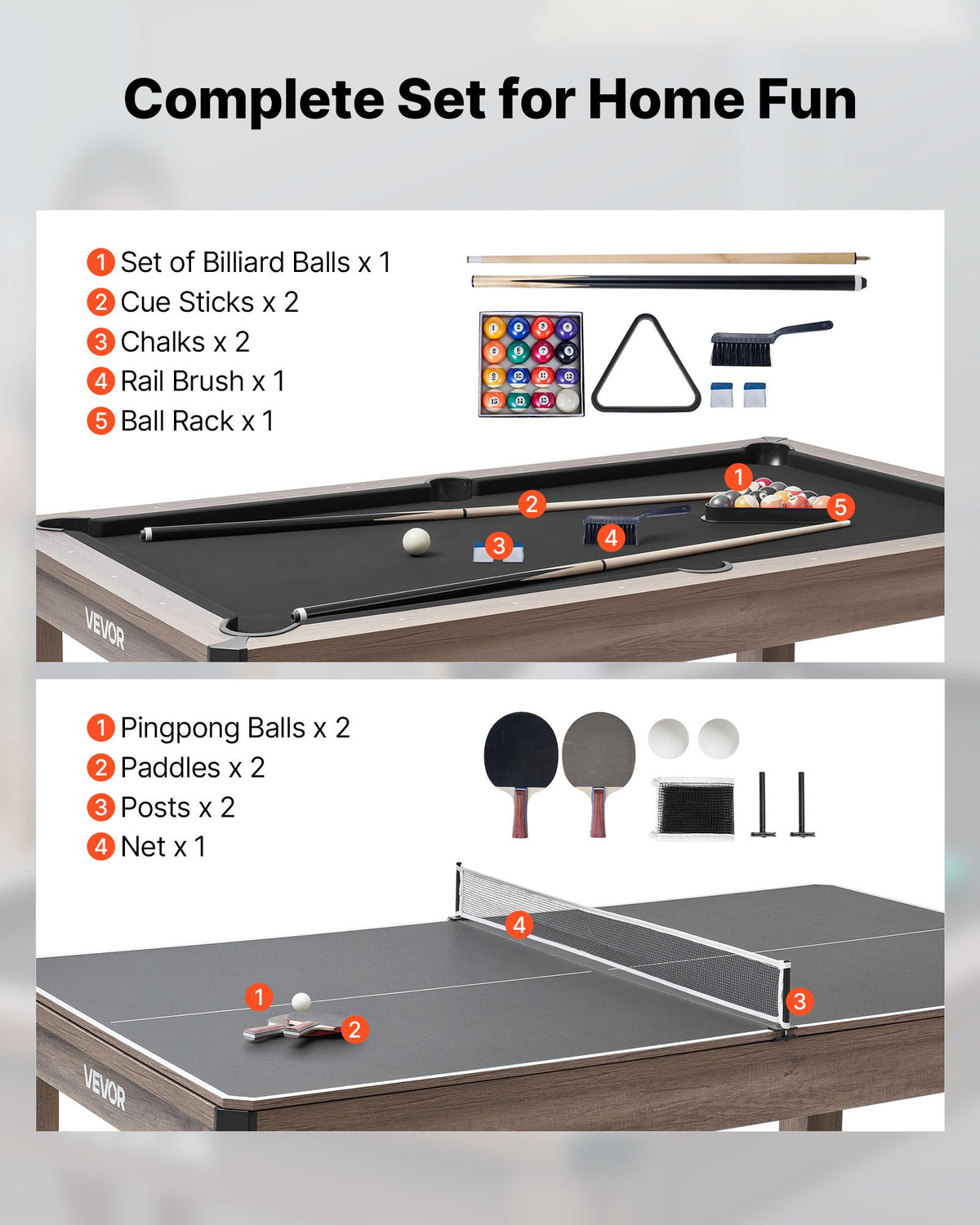 VEVOR 7ft Pool Table Combo Set, 3-in-1 Multi Game Billiards Tables with Dining Top and Ping Pong, 2 Benches for Storage and Accessories, Includes Ball Cue Rack Chalk Brush, for Family Recreation Room - DGNTQZQHHSMDH7KV1001V0 - view 4