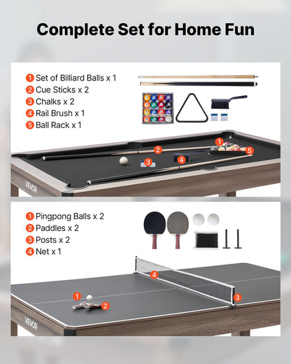 VEVOR 7ft Pool Table Combo Set, 3-in-1 Multi Game Billiards Tables with Dining Top and Ping Pong, 2 Benches for Storage and Accessories, Includes Ball Cue Rack Chalk Brush, for Family Recreation Room - DGNTQZQHHSMDH7KV1001V0 - view 4