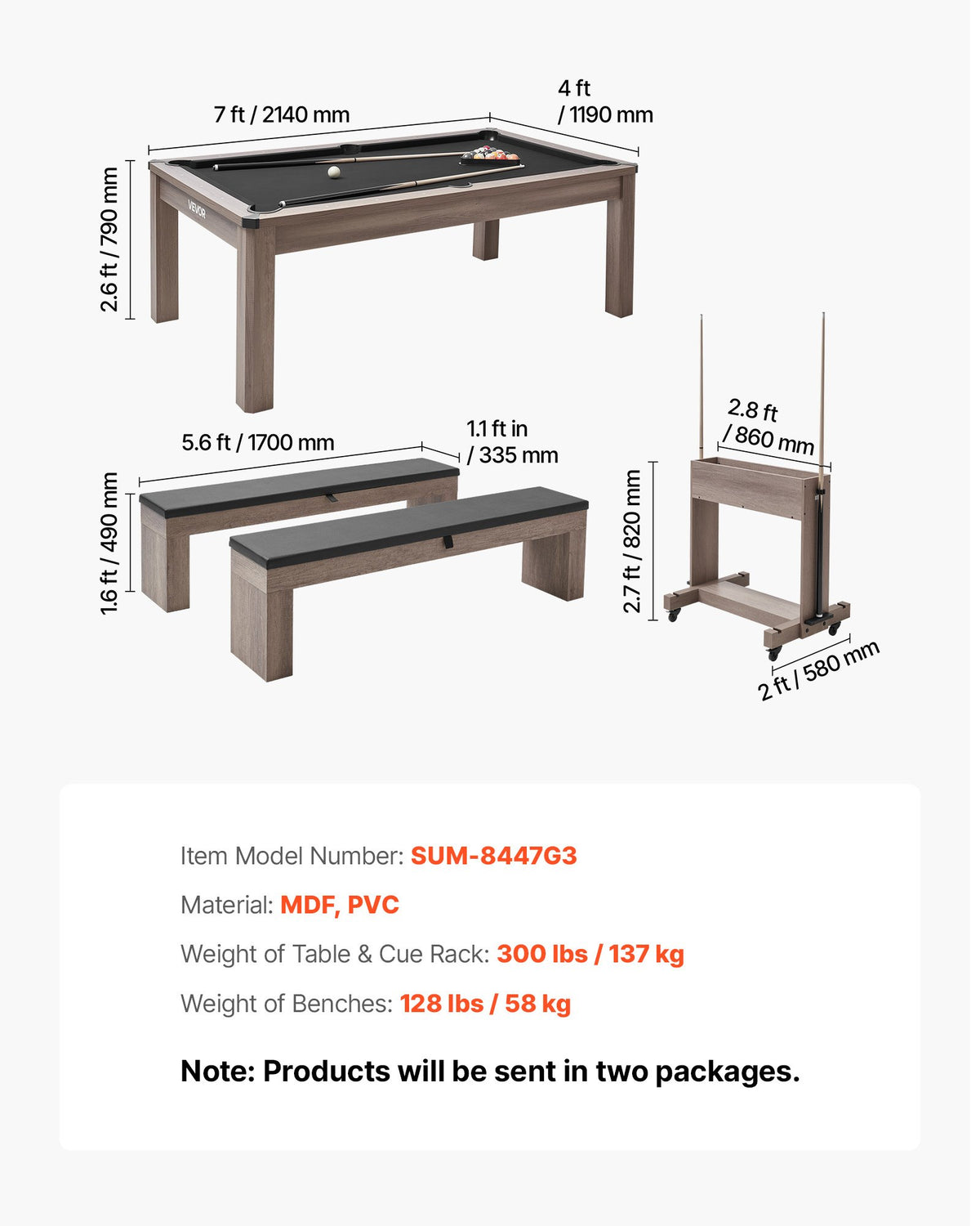 VEVOR 7ft Pool Table Combo Set, 3-in-1 Multi Game Billiards Tables with Dining Top and Ping Pong, 2 Benches for Storage and Accessories, Includes Ball Cue Rack Chalk Brush, for Family Recreation Room - DGNTQZQHHSMDH7KV1001V0 - view 8