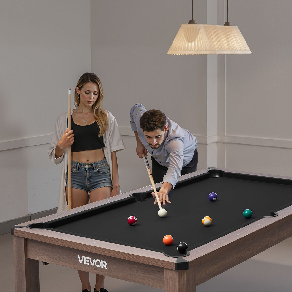 VEVOR 7ft Pool Table Combo Set, 3-in-1 Multi Game Billiards Tables with Dining Top and Ping Pong, 2 Benches for Storage and Accessories, Includes Ball Cue Rack Chalk Brush, for Family Recreation Room - DGNTQZQHHSMDH7KV1001V0 - view 9