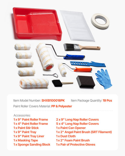 VEVOR Paint Roller Kit, 19 Piece Paint Roller Set, 4" and 9" Paint Rollers with 3/8" Naps, Paint Roller Frames, Paint Tray, Roller Covers, Paint Kit for Painting Walls, Professional or Home Owners - DGNXZHZRMKNA48WYEV0 - view 7