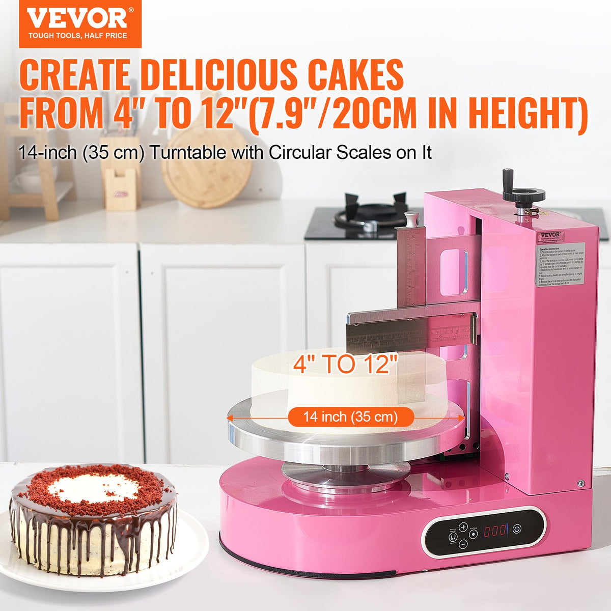 VEVOR Cake Decorating Machine, Cake Cream Spreading Coating Smearing Machine, Low Noise Cake Frosting Machine, Turntable with Adjustable Scraper, for 4" to 12" Cake, 25-320RPM Rotating Speed, Pink - DGNYMMJ412INPBTRJV1 - view 3