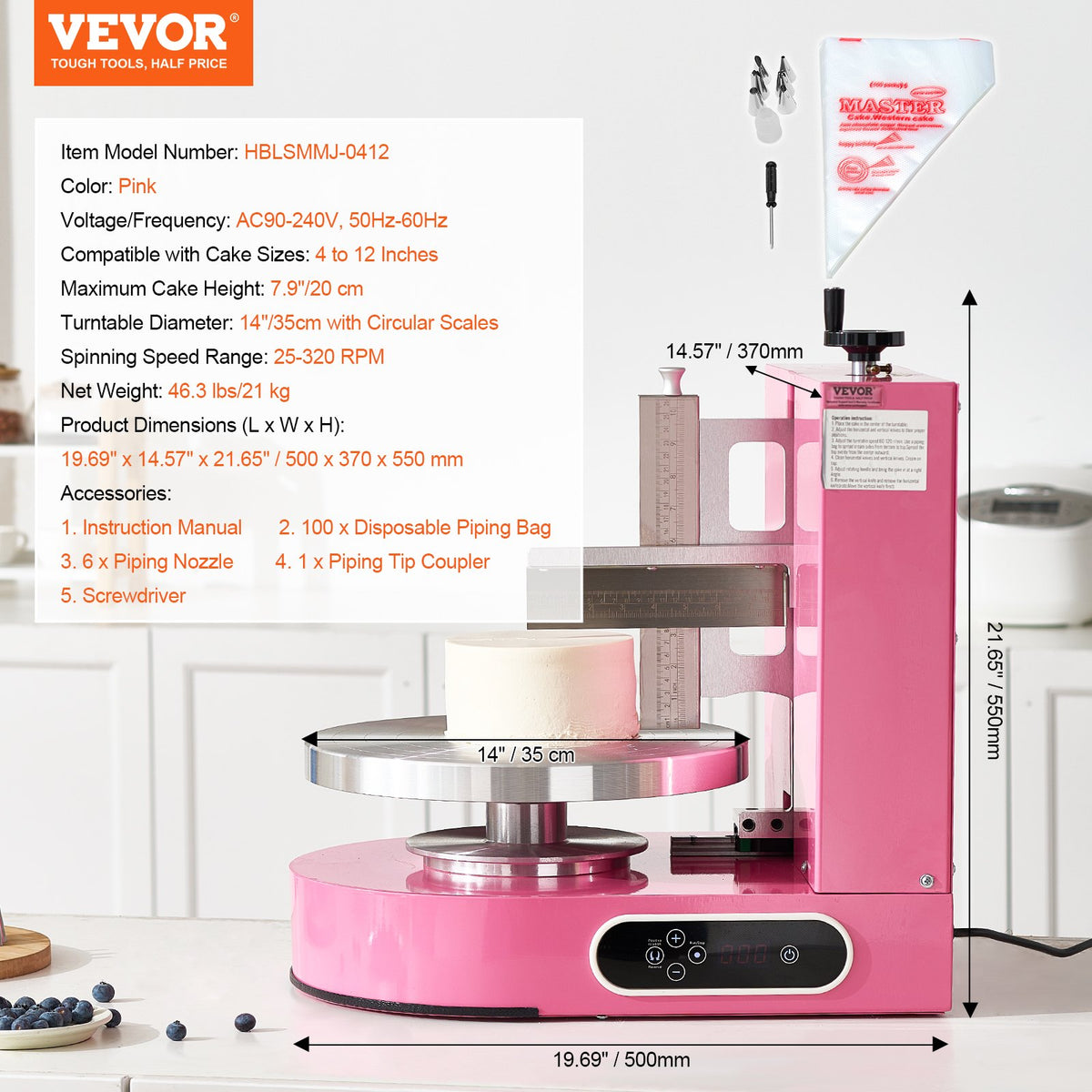 VEVOR Cake Decorating Machine, Cake Cream Spreading Coating Smearing Machine, Low Noise Cake Frosting Machine, Turntable with Adjustable Scraper, for 4" to 12" Cake, 25-320RPM Rotating Speed, Pink - DGNYMMJ412INPBTRJV1 - view 8