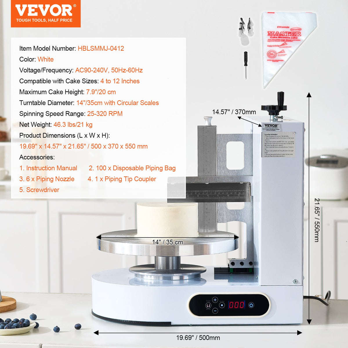VEVOR Cake Decorating Machine, Cake Cream Spreading Coating Smearing Machine, Low Noise Cake Frosting Machine, Turntable with Adjustable Scraper, for 4" to 12" Cake, 25-320RPM Rotating Speed, White - DGNYMMJ412INZ7R1SV1 - view 8