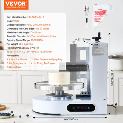 VEVOR Cake Decorating Machine, Cake Cream Spreading Coating Smearing Machine, Low Noise Cake Frosting Machine, Turntable with Adjustable Scraper, for 4" to 12" Cake, 25-320RPM Rotating Speed, White - DGNYMMJ412INZ7R1SV1 - view 8