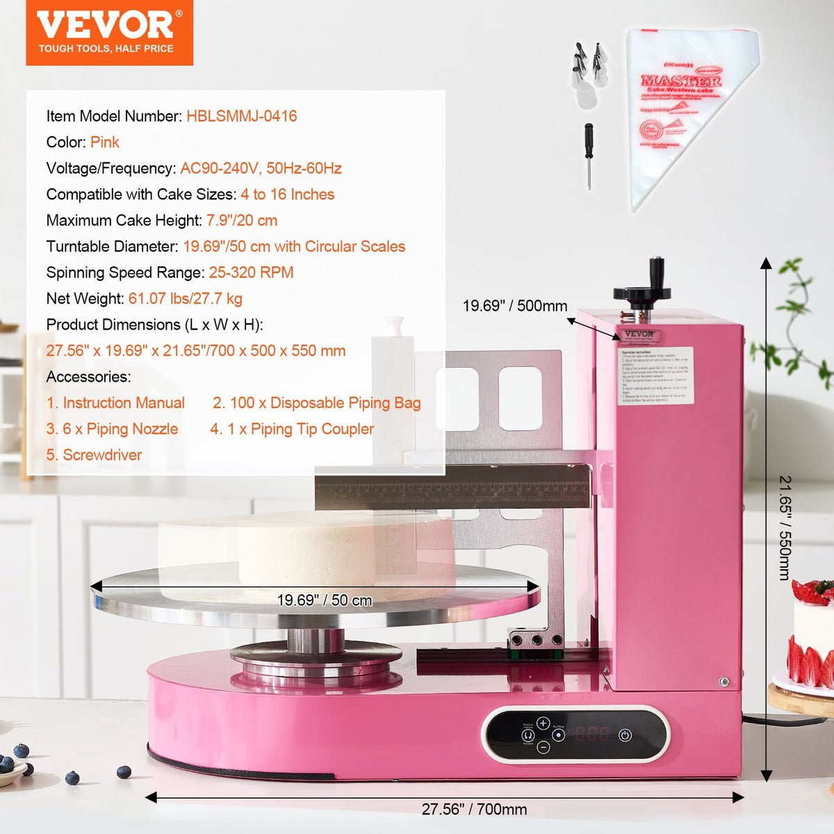 VEVOR Cake Decorating Machine, Cake Cream Spreading Coating Smearing Machine, Low Noise Cake Frosting Machine, Turntable with Adjustable Scraper, for 4" to 16" Cake, 25-320RPM Rotating Speed, Pink - DGNYMMJ416IN82A3BV1 - view 8