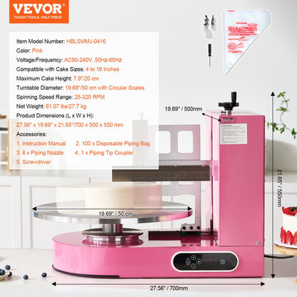 VEVOR Cake Decorating Machine, Cake Cream Spreading Coating Smearing Machine, Low Noise Cake Frosting Machine, Turntable with Adjustable Scraper, for 4" to 16" Cake, 25-320RPM Rotating Speed, Pink - DGNYMMJ416IN82A3BV1 - view 8