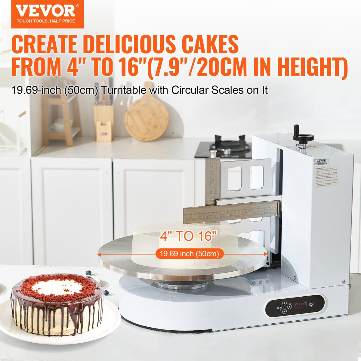 VEVOR Cake Decorating Machine, Cake Cream Spreading Coating Smearing Machine, Low Noise Cake Frosting Machine, Turntable with Adjustable Scraper, for 4" to 16" Cake, 25-320RPM Rotating Speed, White - DGNYMMJ416INUIXGYV1 - view 3
