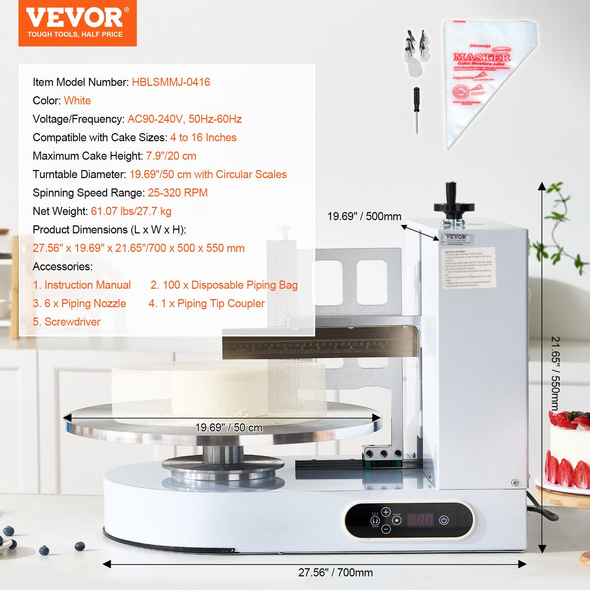 VEVOR Cake Decorating Machine, Cake Cream Spreading Coating Smearing Machine, Low Noise Cake Frosting Machine, Turntable with Adjustable Scraper, for 4" to 16" Cake, 25-320RPM Rotating Speed, White - DGNYMMJ416INUIXGYV1 - view 8