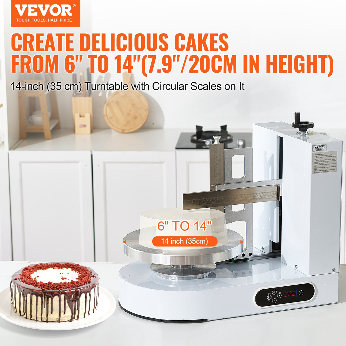 VEVOR Cake Decorating Machine, Cake Cream Spreading Coating Smearing Machine, Low Noise Cake Frosting Machine, Turntable with Adjustable Scraper, for 6" to 14" Cake, 25-320RPM Rotating Speed, White - DGNYMMJ614IND9GFDV1 - view 3
