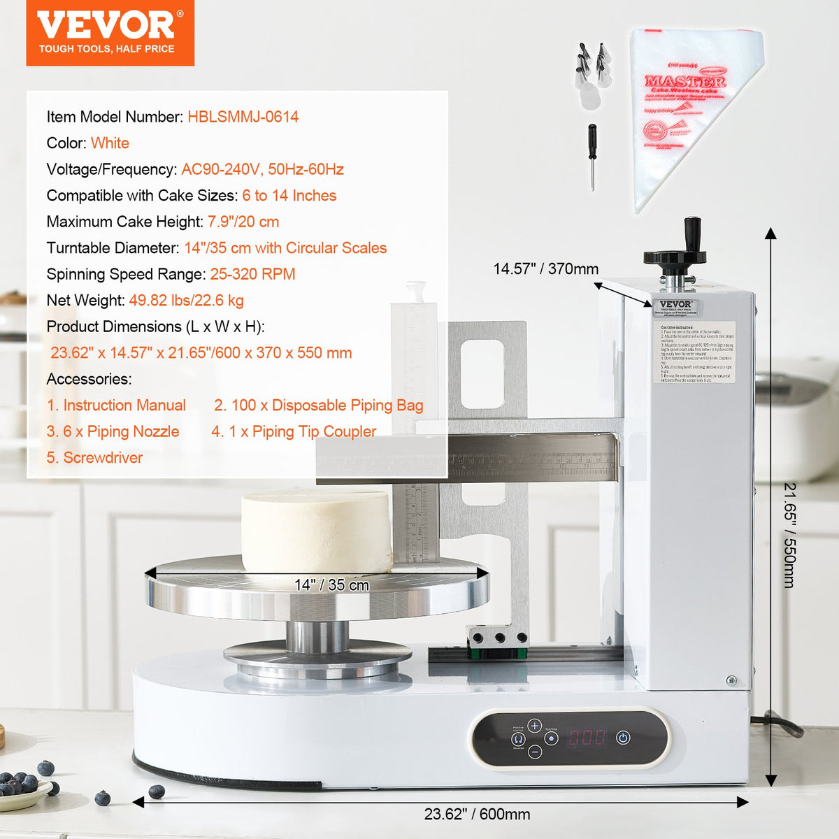 VEVOR Cake Decorating Machine, Cake Cream Spreading Coating Smearing Machine, Low Noise Cake Frosting Machine, Turntable with Adjustable Scraper, for 6" to 14" Cake, 25-320RPM Rotating Speed, White - DGNYMMJ614IND9GFDV1 - view 8