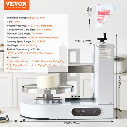 VEVOR Cake Decorating Machine, Cake Cream Spreading Coating Smearing Machine, Low Noise Cake Frosting Machine, Turntable with Adjustable Scraper, for 6" to 14" Cake, 25-320RPM Rotating Speed, White - DGNYMMJ614IND9GFDV1 - view 8