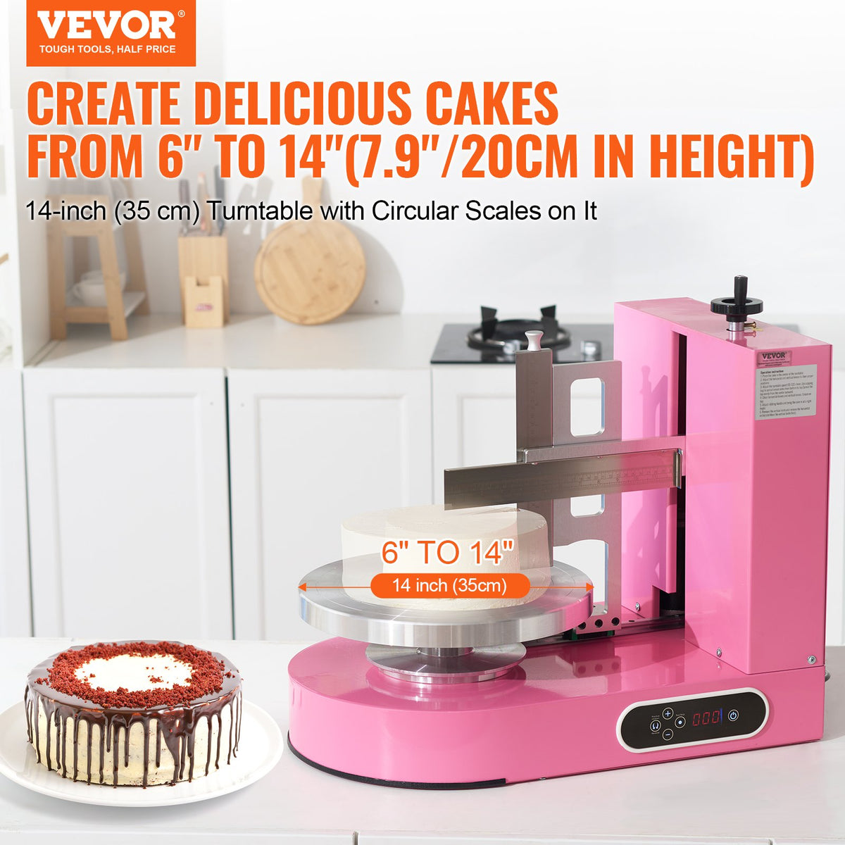 VEVOR Cake Decorating Machine, Cake Cream Spreading Coating Smearing Machine, Low Noise Cake Frosting Machine, Turntable with Adjustable Scraper, for 6" to 14" Cake, 25-320RPM Rotating Speed, Pink - DGNYMMJ614INWBGIOV1 - view 3