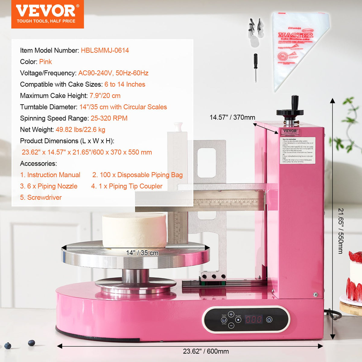 VEVOR Cake Decorating Machine, Cake Cream Spreading Coating Smearing Machine, Low Noise Cake Frosting Machine, Turntable with Adjustable Scraper, for 6" to 14" Cake, 25-320RPM Rotating Speed, Pink - DGNYMMJ614INWBGIOV1 - view 8