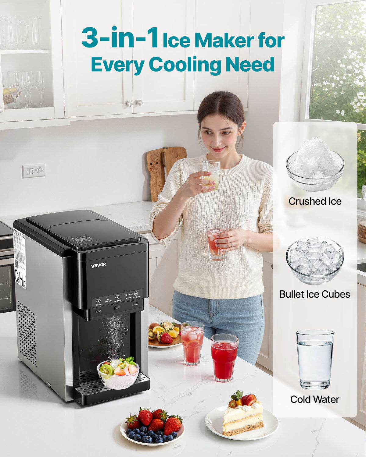 VEVOR Water Dispenser with Ice Maker, 3-in-1 Countertop Water Dispenser, 35 LBS/24H, 12 Cubes/7 Min Fast Ice Making with 4 LBS Storage, Bullet/Crushed Ices & Cold-Water, for Home, Kitchen, Party - DGNZBJTMSLSZ2NNVG001V1 - view 3