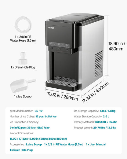 VEVOR Water Dispenser with Ice Maker, 3-in-1 Countertop Water Dispenser, 35 LBS/24H, 12 Cubes/7 Min Fast Ice Making with 4 LBS Storage, Bullet/Crushed Ices & Cold-Water, for Home, Kitchen, Party - DGNZBJTMSLSZ2NNVG001V1 - view 8